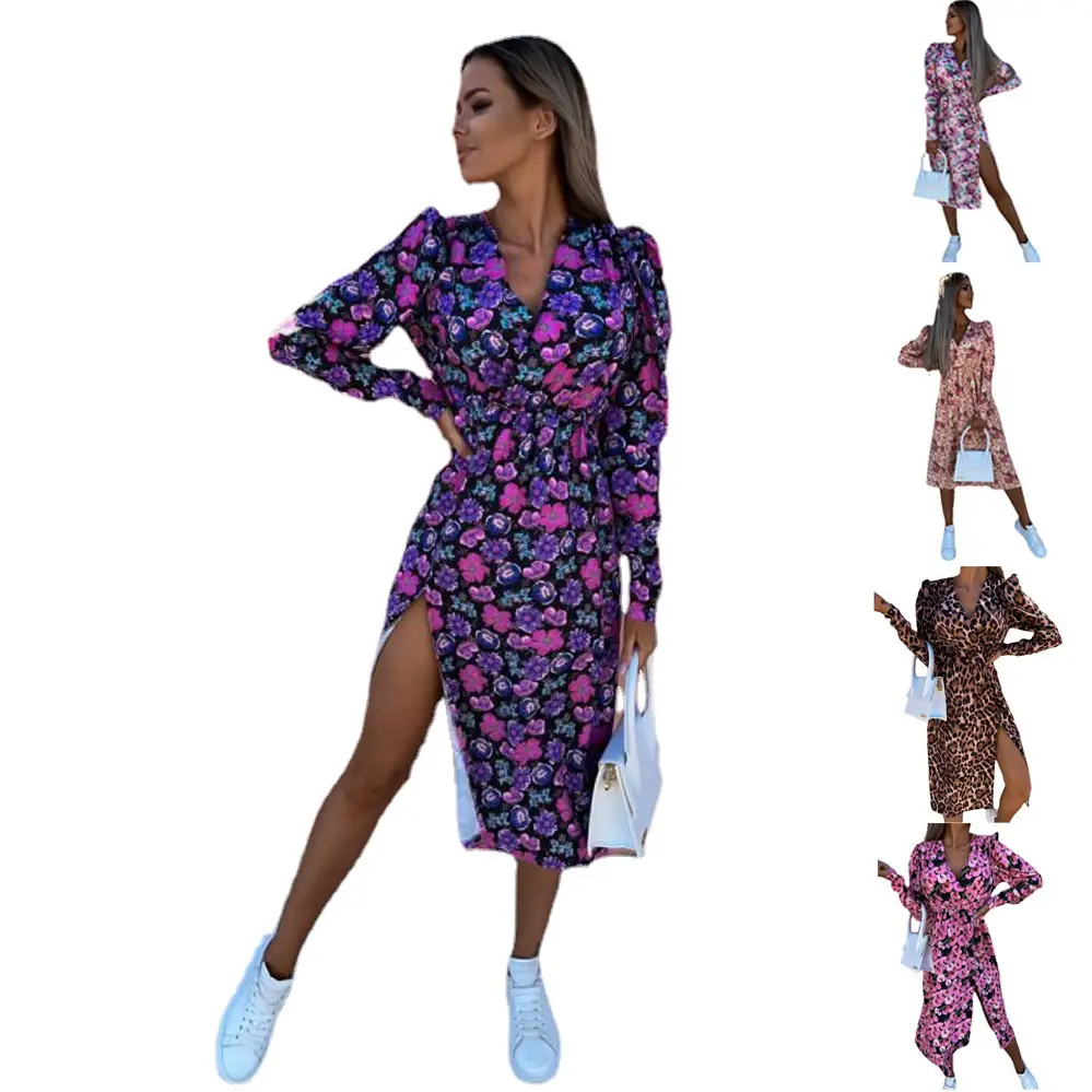 Women Floral Print V Neck Long Sleeve Dress Pink Black - Image 11
