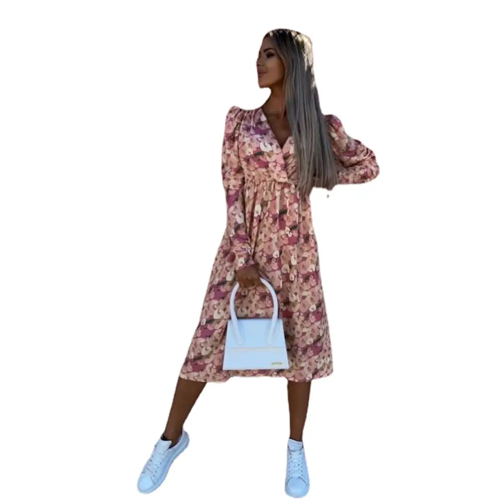 Women Floral Print V Neck Long Sleeve Dress Pink Black - Image 14