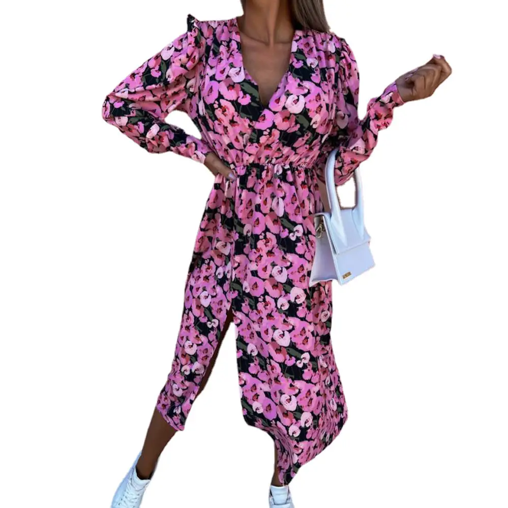 Women Floral Print V Neck Long Sleeve Dress Pink Black - Image 15