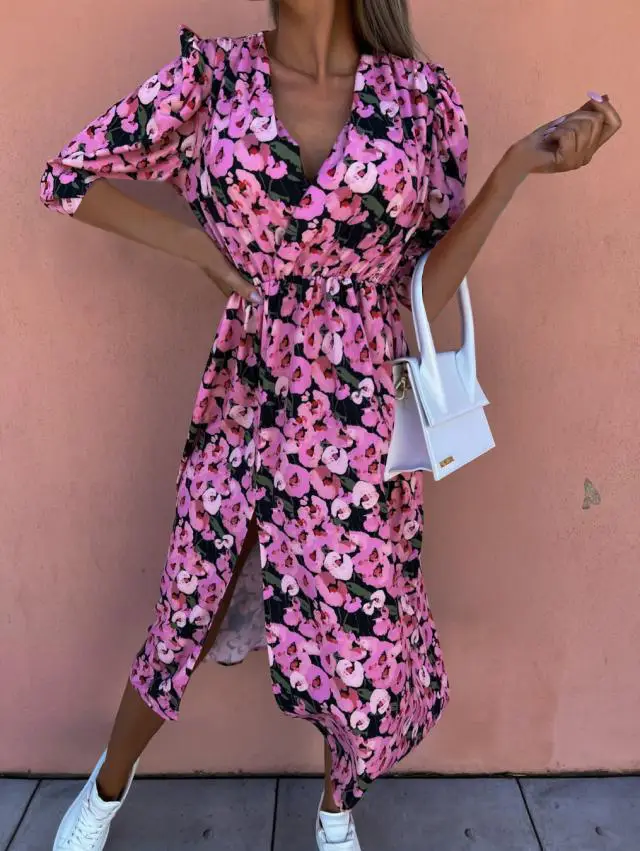 Women Floral Print V Neck Long Sleeve Dress Pink Black - Image 8