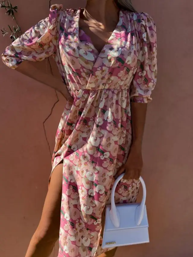 Women Floral Print V Neck Long Sleeve Dress Pink Black - Image 9