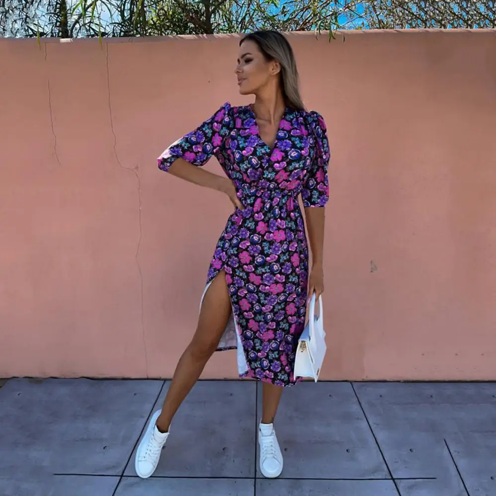 Women Floral Print V Neck Long Sleeve Dress Pink Black - Image 10