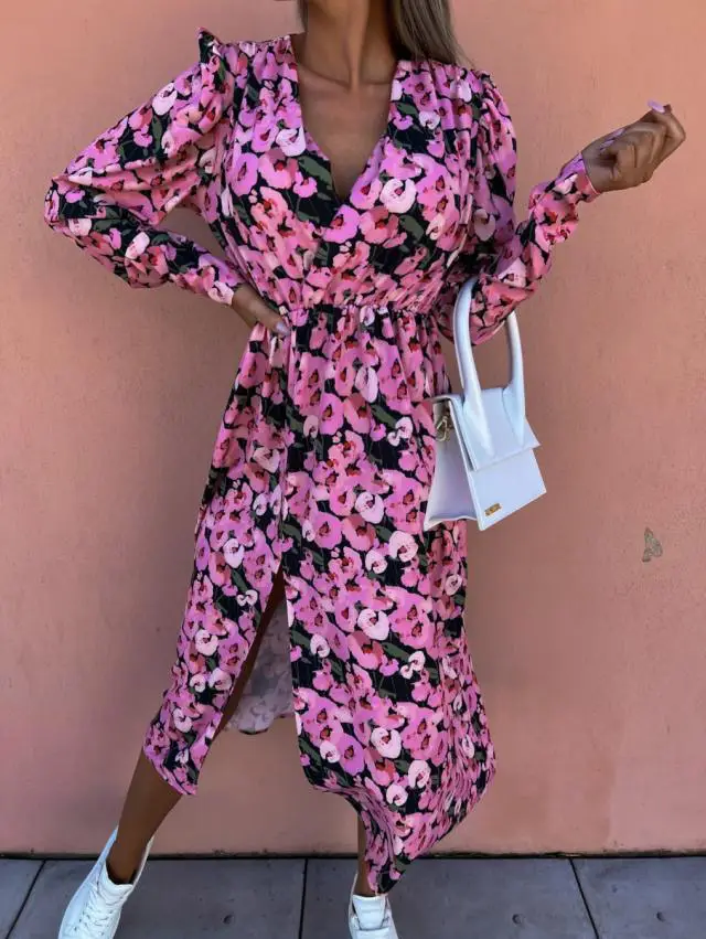 Women Floral Print V Neck Long Sleeve Dress Pink Black - Image 4