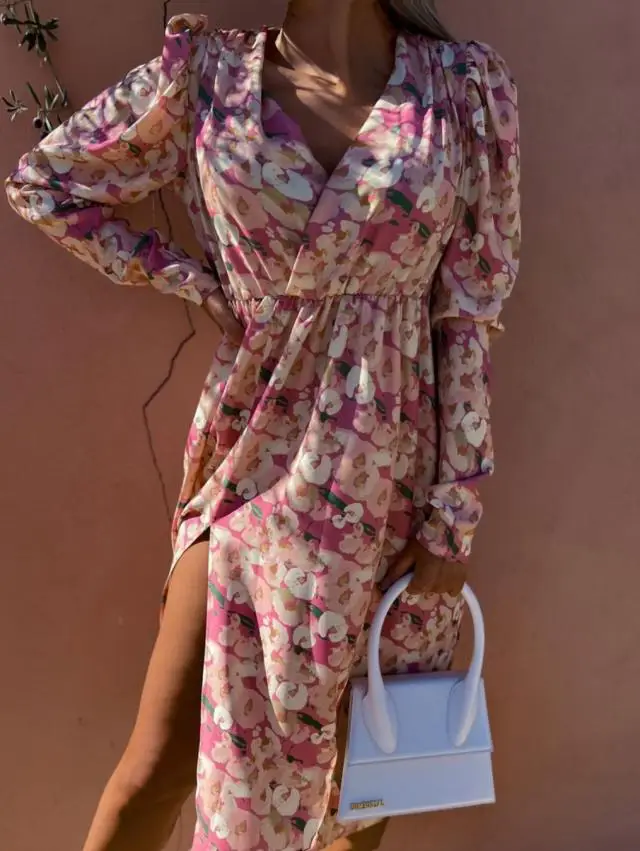 Women Floral Print V Neck Long Sleeve Dress Pink Black - Image 5