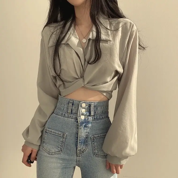 Women Black Tie Back Short Shirt Top with High Waist Jeans - Image 6