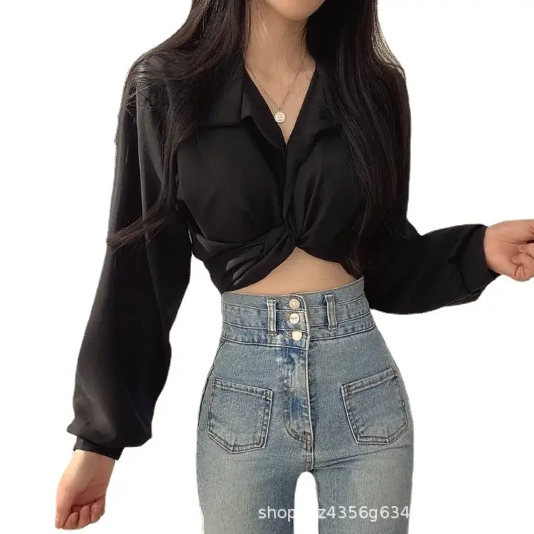 Women Black Tie Back Short Shirt Top with High Waist Jeans - Image 8