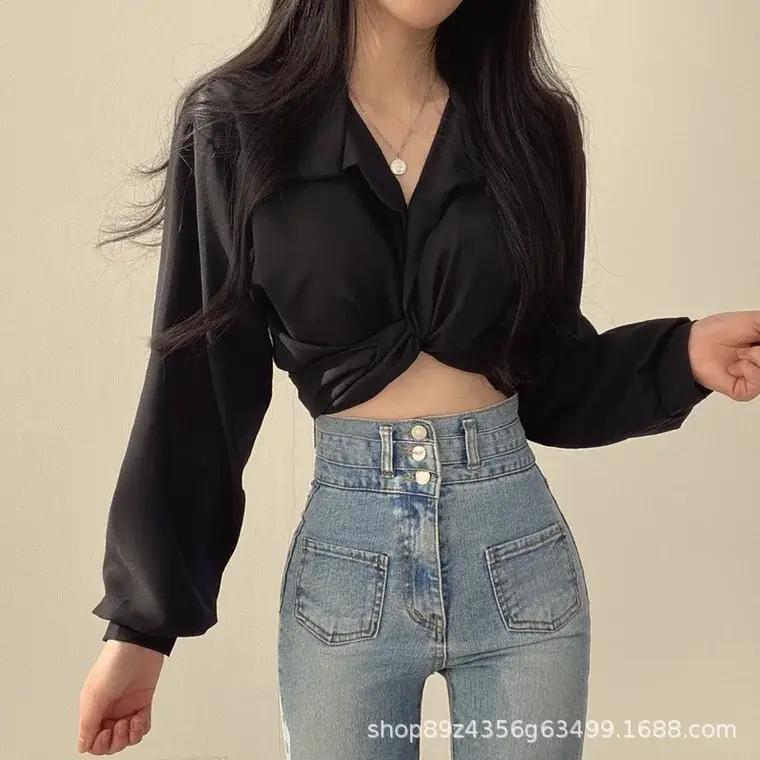 Women Black Tie Back Short Shirt Top with High Waist Jeans - Image 2