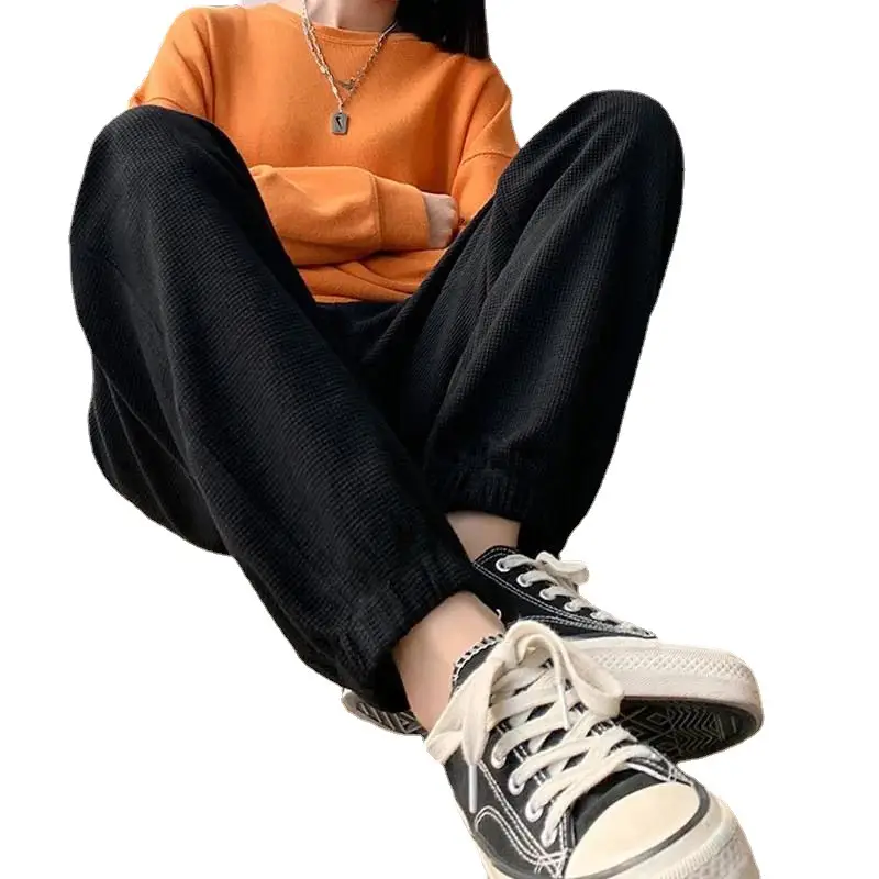 Women's Drawstring Leg-Tied Sweatpants Black High Waist Casual Plus Size - Image 8