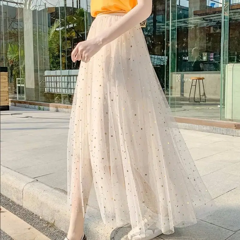 Women Sand Star Sequins Mesh Mid-Length A-Line Skirt - Image 6