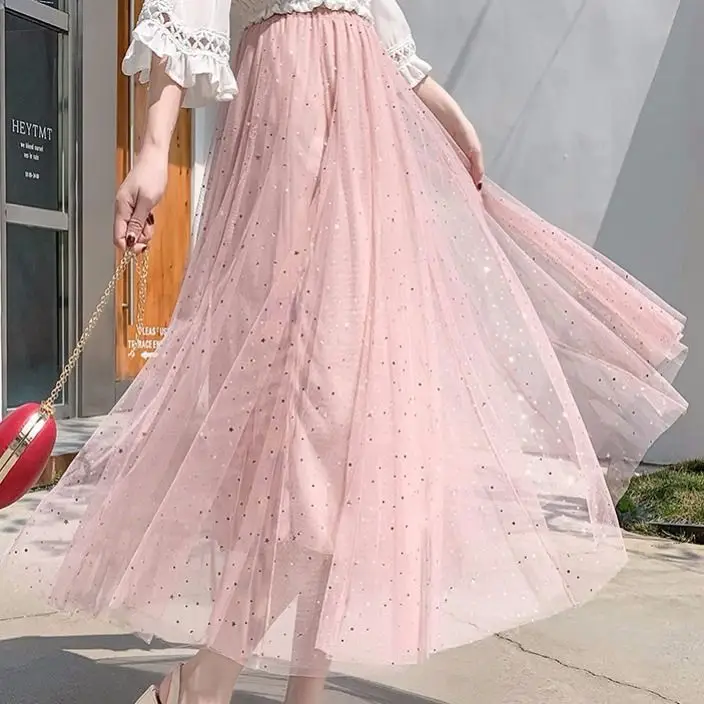 Women Sand Star Sequins Mesh Mid-Length A-Line Skirt - Image 7
