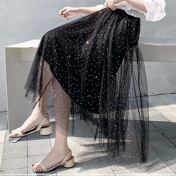 Women Sand Star Sequins Mesh Mid-Length A-Line Skirt - Image 8