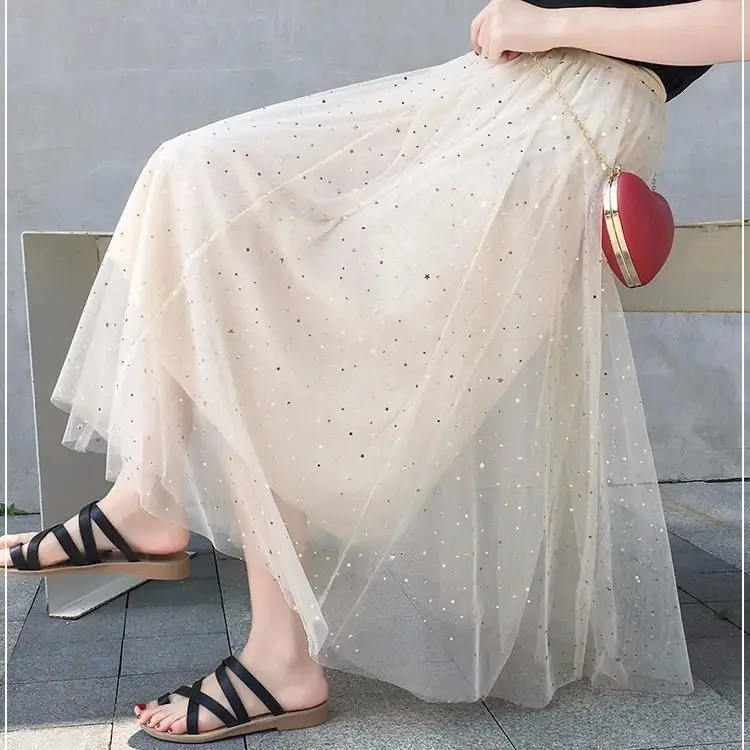 Women Sand Star Sequins Mesh Mid-Length A-Line Skirt - Image 9