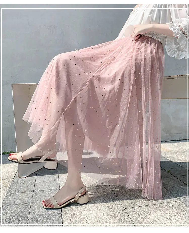 Women Sand Star Sequins Mesh Mid-Length A-Line Skirt — feature 11