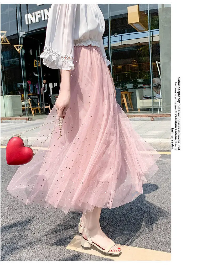 Women Sand Star Sequins Mesh Mid-Length A-Line Skirt — feature 12