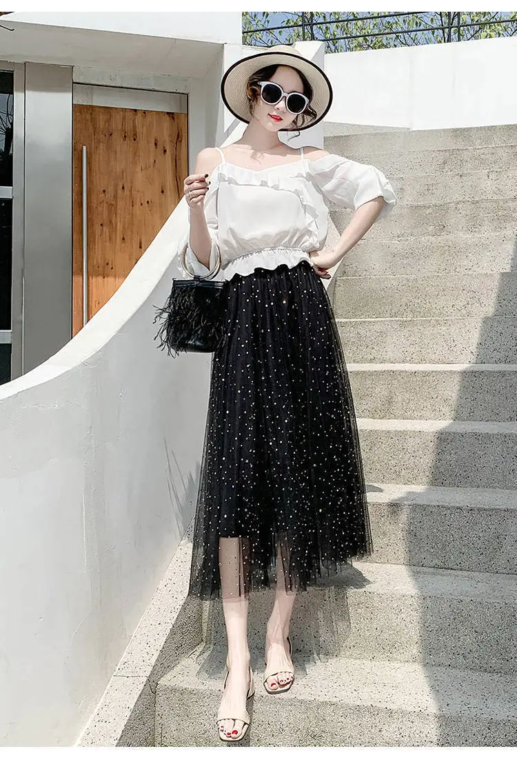 Women Sand Star Sequins Mesh Mid-Length A-Line Skirt — feature 13