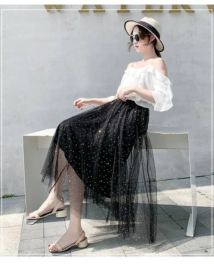 Women Sand Star Sequins Mesh Mid-Length A-Line Skirt — feature 14