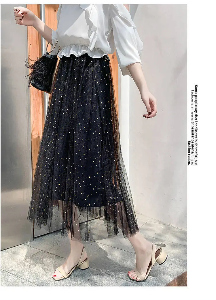 Women Sand Star Sequins Mesh Mid-Length A-Line Skirt — feature 15