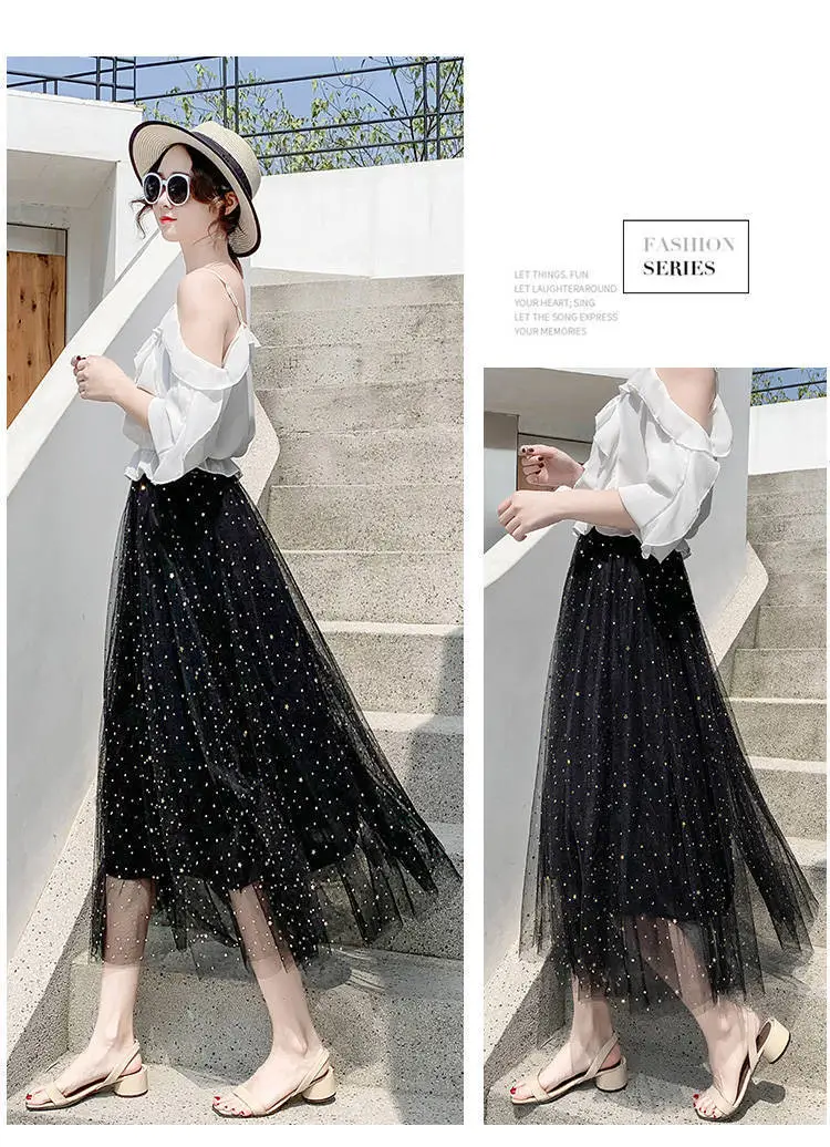 Women Sand Star Sequins Mesh Mid-Length A-Line Skirt — feature 16