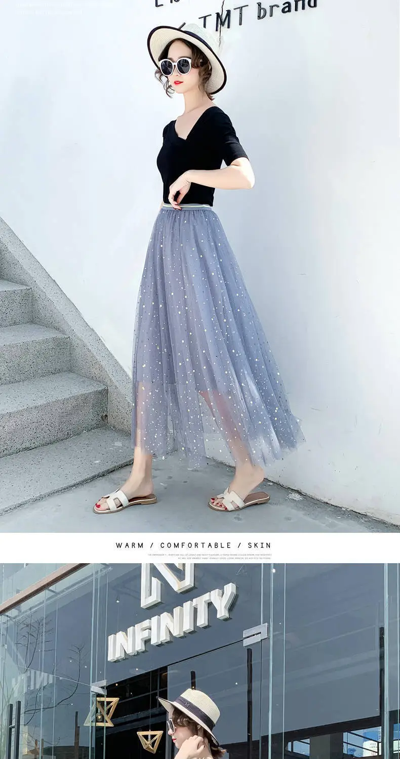Women Sand Star Sequins Mesh Mid-Length A-Line Skirt — feature 17