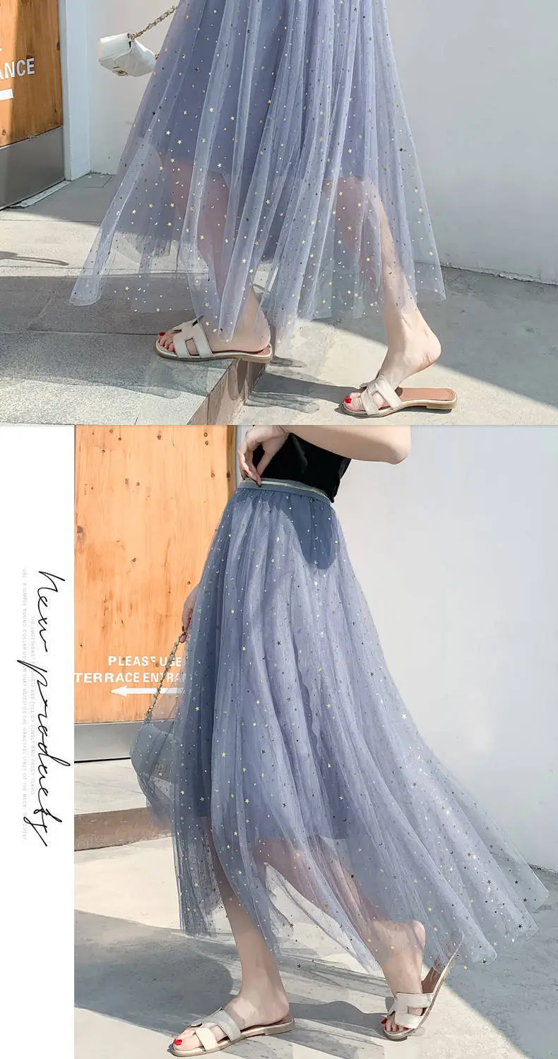 Women Sand Star Sequins Mesh Mid-Length A-Line Skirt — feature 19
