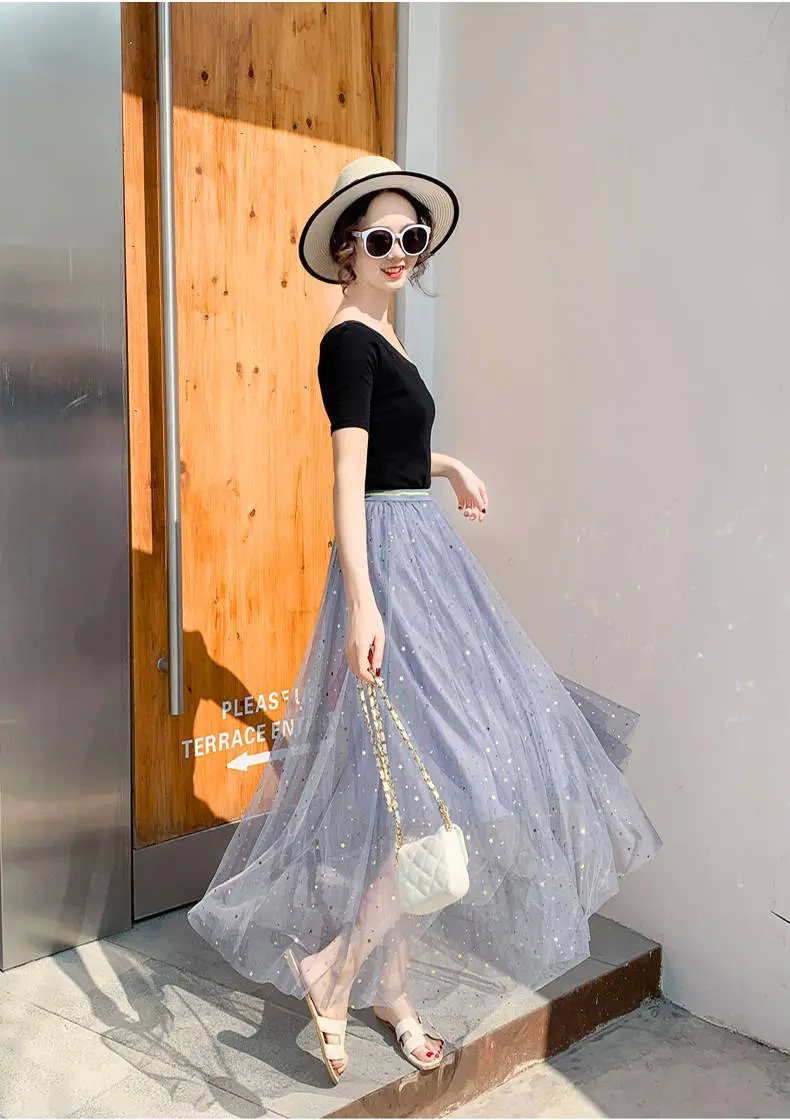 Women Sand Star Sequins Mesh Mid-Length A-Line Skirt — feature 20
