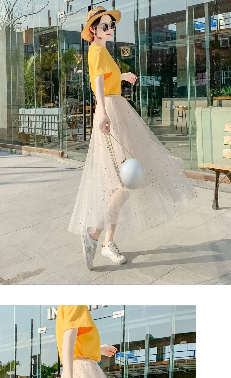 Women Sand Star Sequins Mesh Mid-Length A-Line Skirt — feature 3