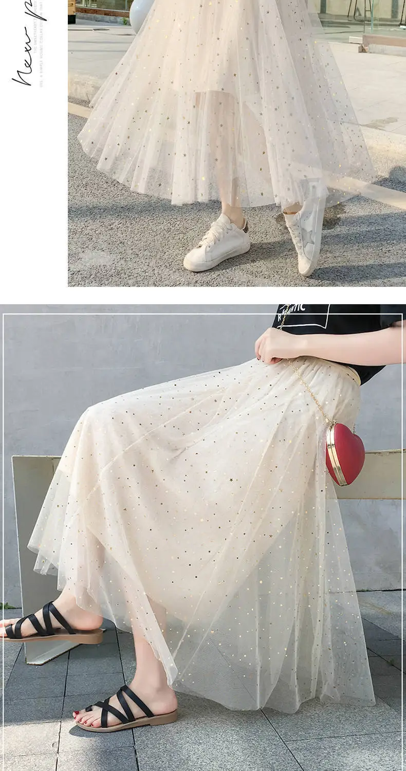 Women Sand Star Sequins Mesh Mid-Length A-Line Skirt — feature 5