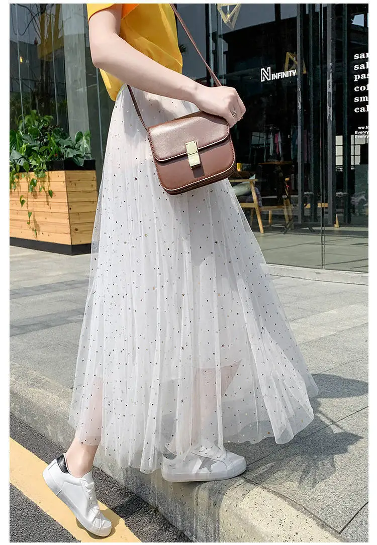 Women Sand Star Sequins Mesh Mid-Length A-Line Skirt — feature 7