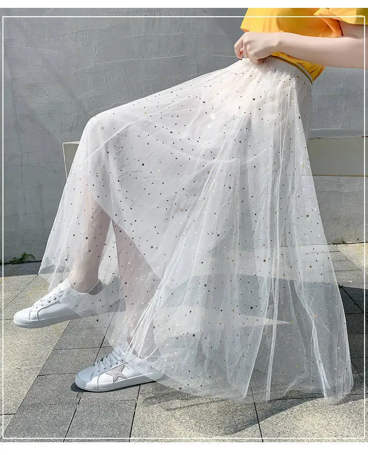 Women Sand Star Sequins Mesh Mid-Length A-Line Skirt — feature 8