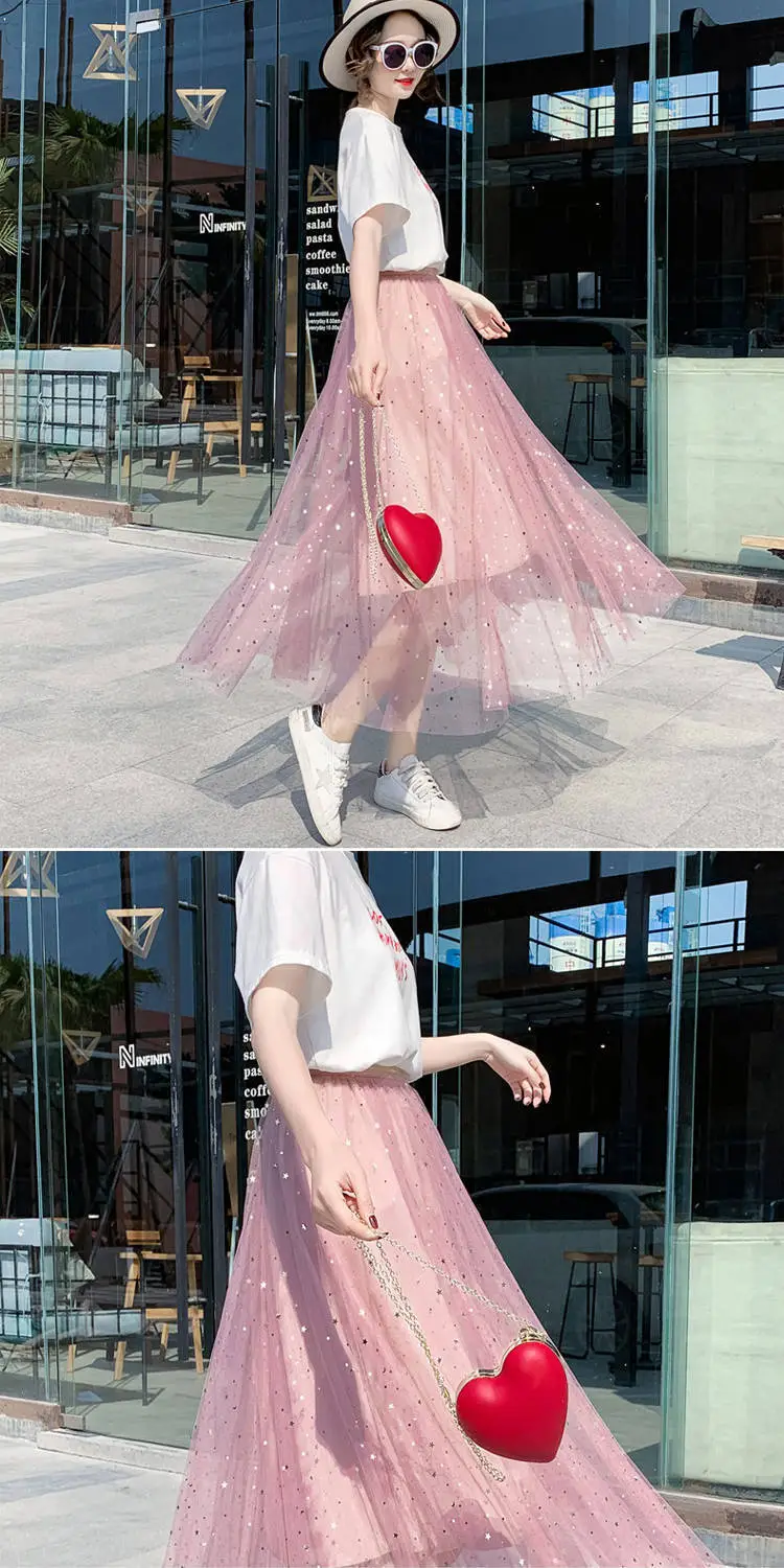 Women Sand Star Sequins Mesh Mid-Length A-Line Skirt — feature 9