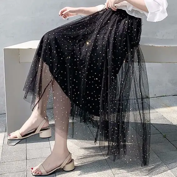 Women Sand Star Sequins Mesh Mid-Length A-Line Skirt - Image 2