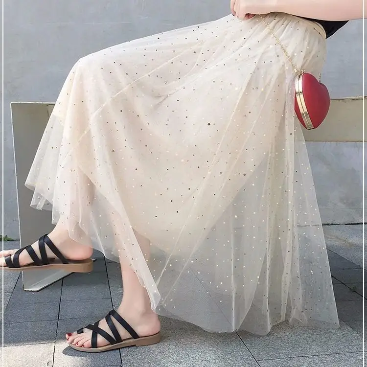 Women Sand Star Sequins Mesh Mid-Length A-Line Skirt - Image 3