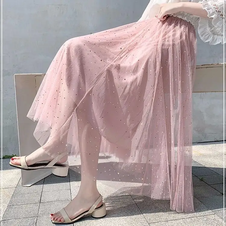 Women Sand Star Sequins Mesh Mid-Length A-Line Skirt - Image 4