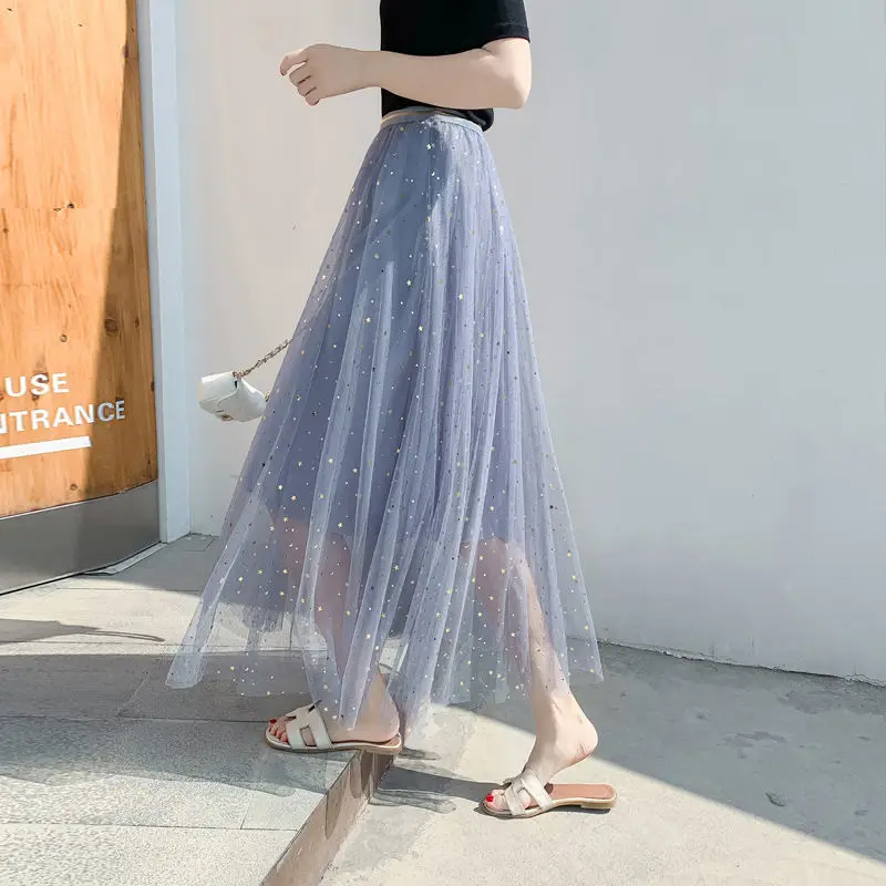 Women Sand Star Sequins Mesh Mid-Length A-Line Skirt - Image 5