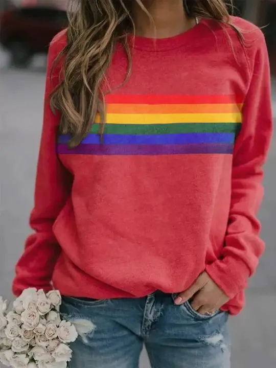Black Color Stripe Crewneck Long Sleeve Pullover Sweater - Image 2