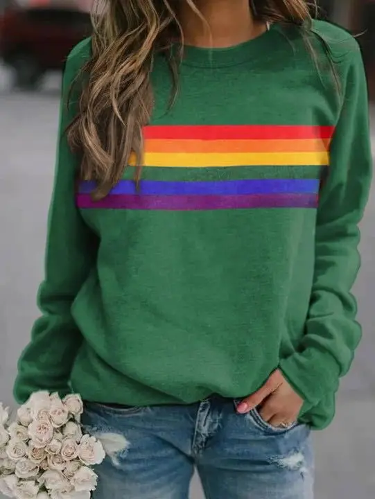 Black Color Stripe Crewneck Long Sleeve Pullover Sweater - Image 3