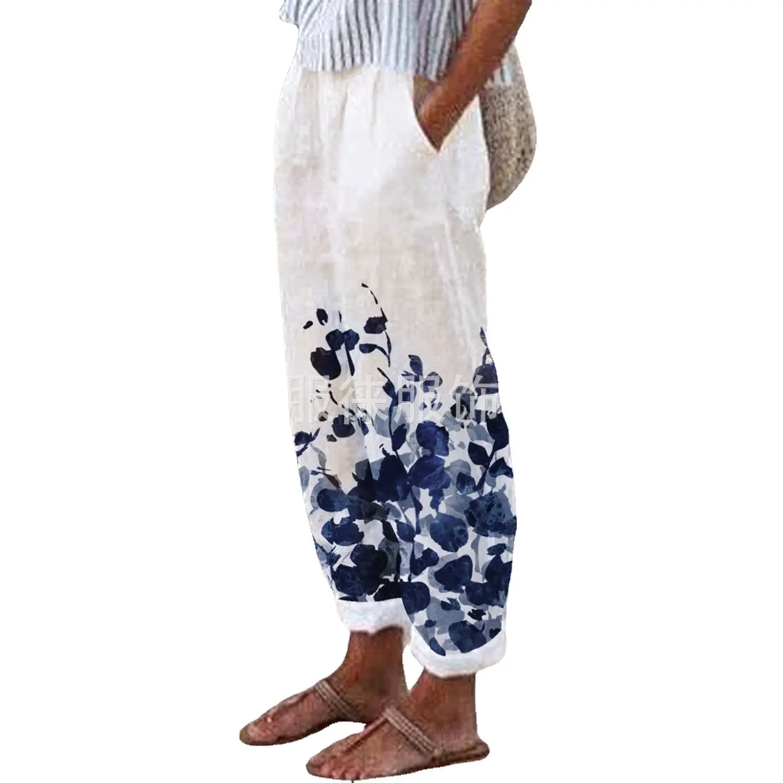 White Retro Printed Wide Leg Pants for Women Summer - Image 179