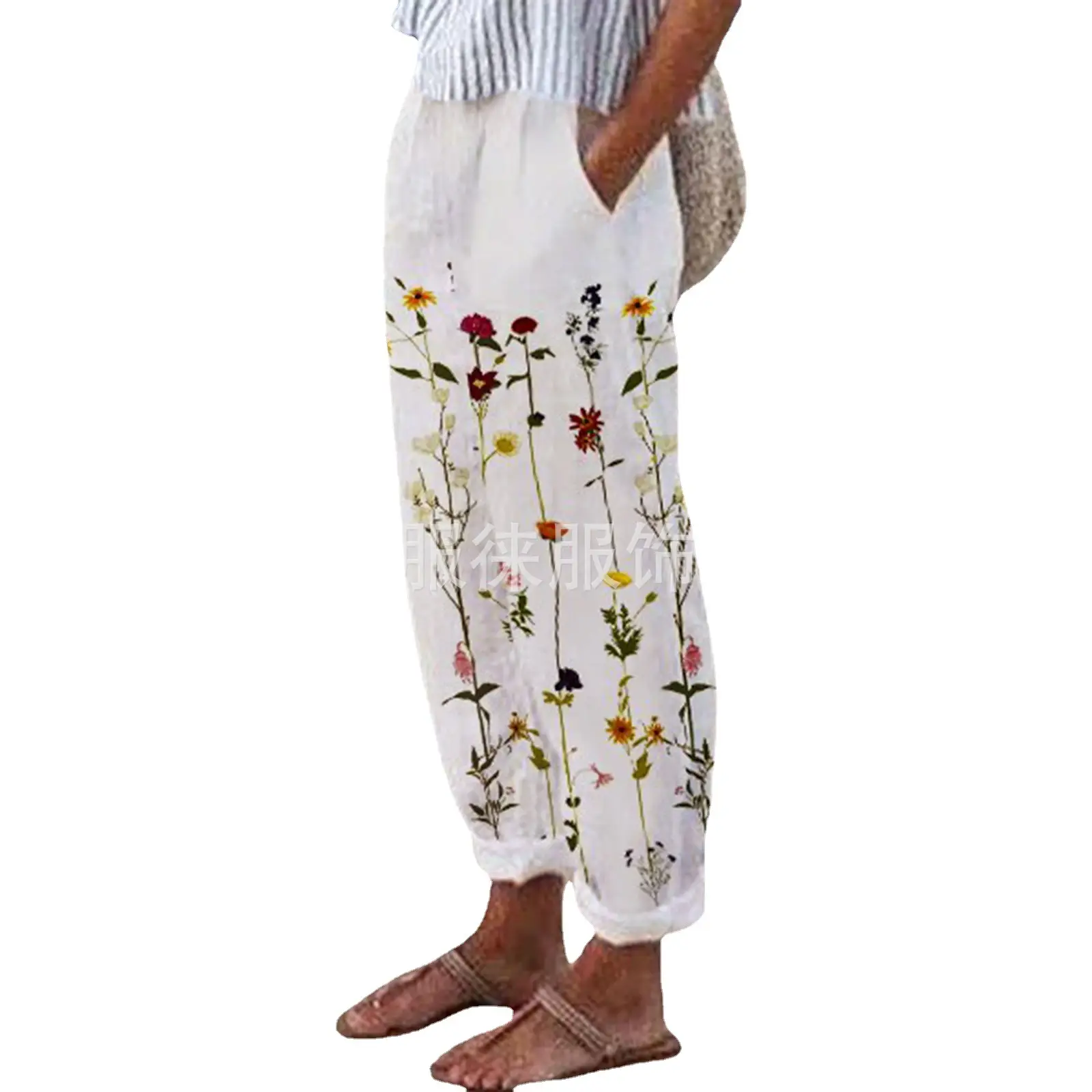 White Retro Printed Wide Leg Pants for Women Summer - Image 180
