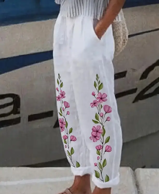 White Retro Printed Wide Leg Pants for Women Summer - Image 175