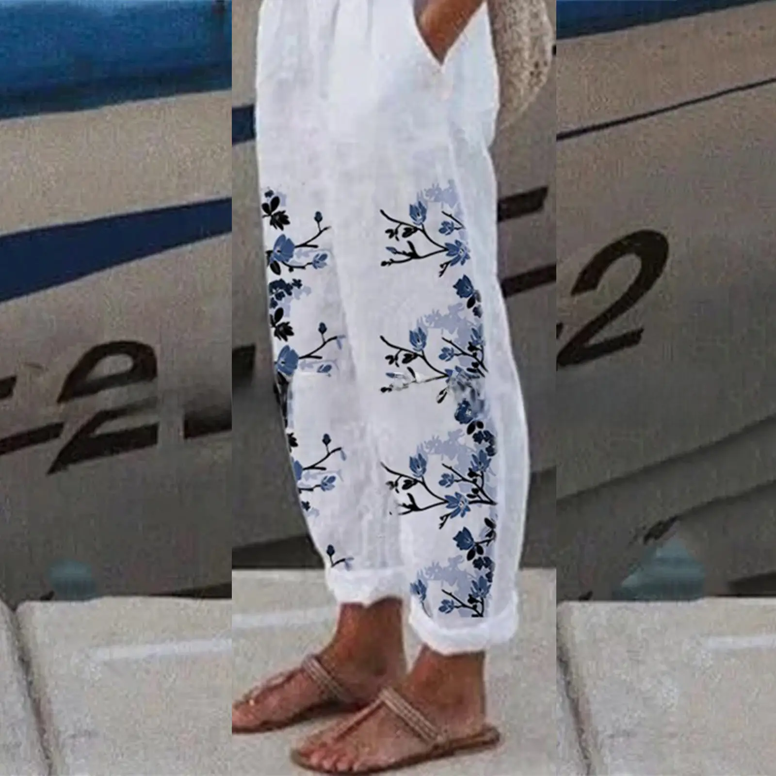 White Retro Printed Wide Leg Pants for Women Summer - Image 101