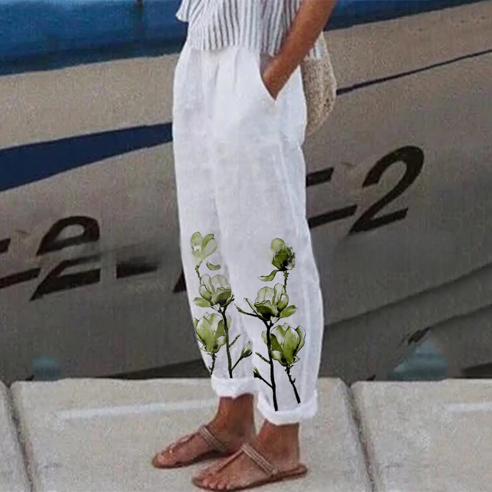 White Retro Printed Wide Leg Pants for Women Summer - Image 111