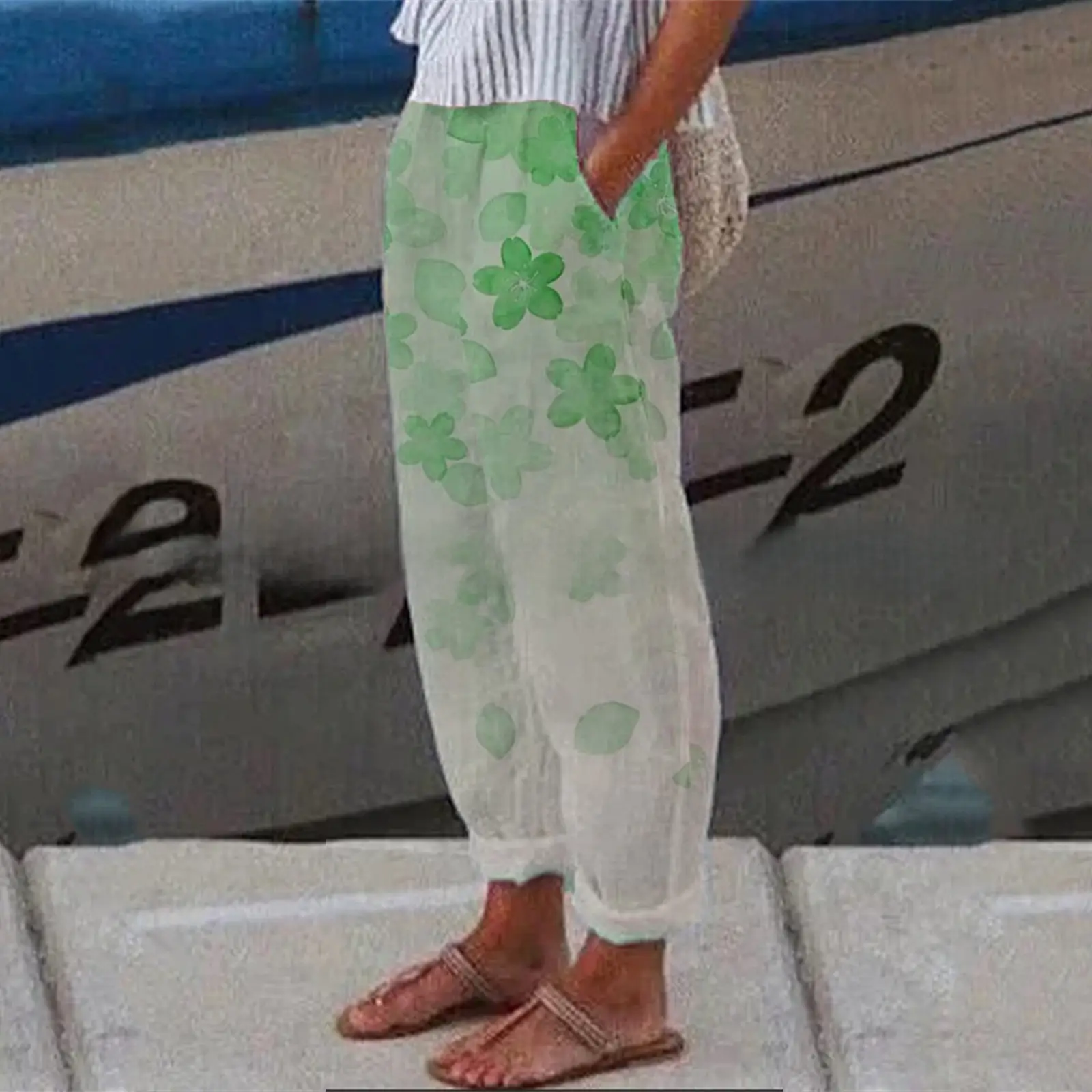 White Retro Printed Wide Leg Pants for Women Summer - Image 126