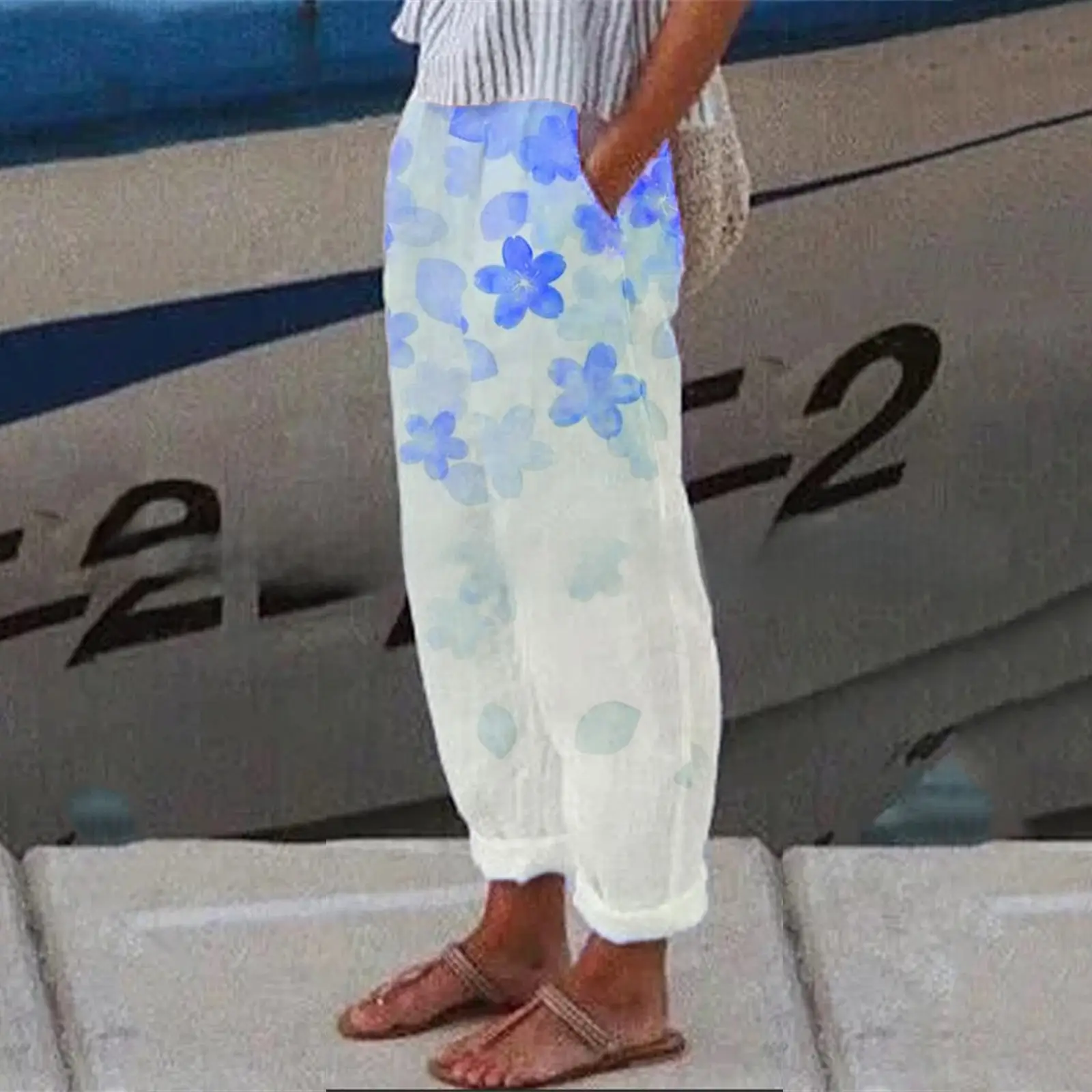 White Retro Printed Wide Leg Pants for Women Summer - Image 127
