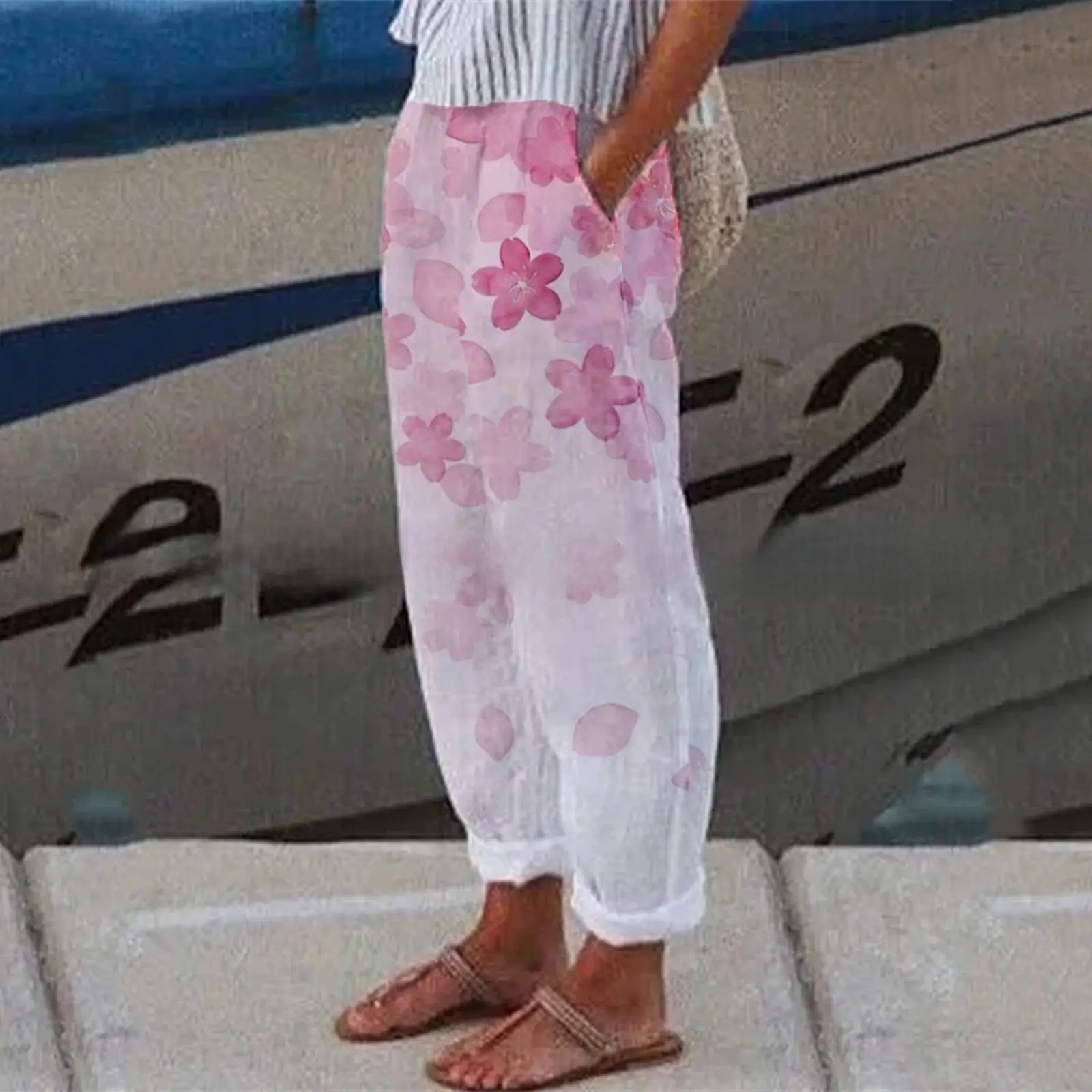 White Retro Printed Wide Leg Pants for Women Summer - Image 133