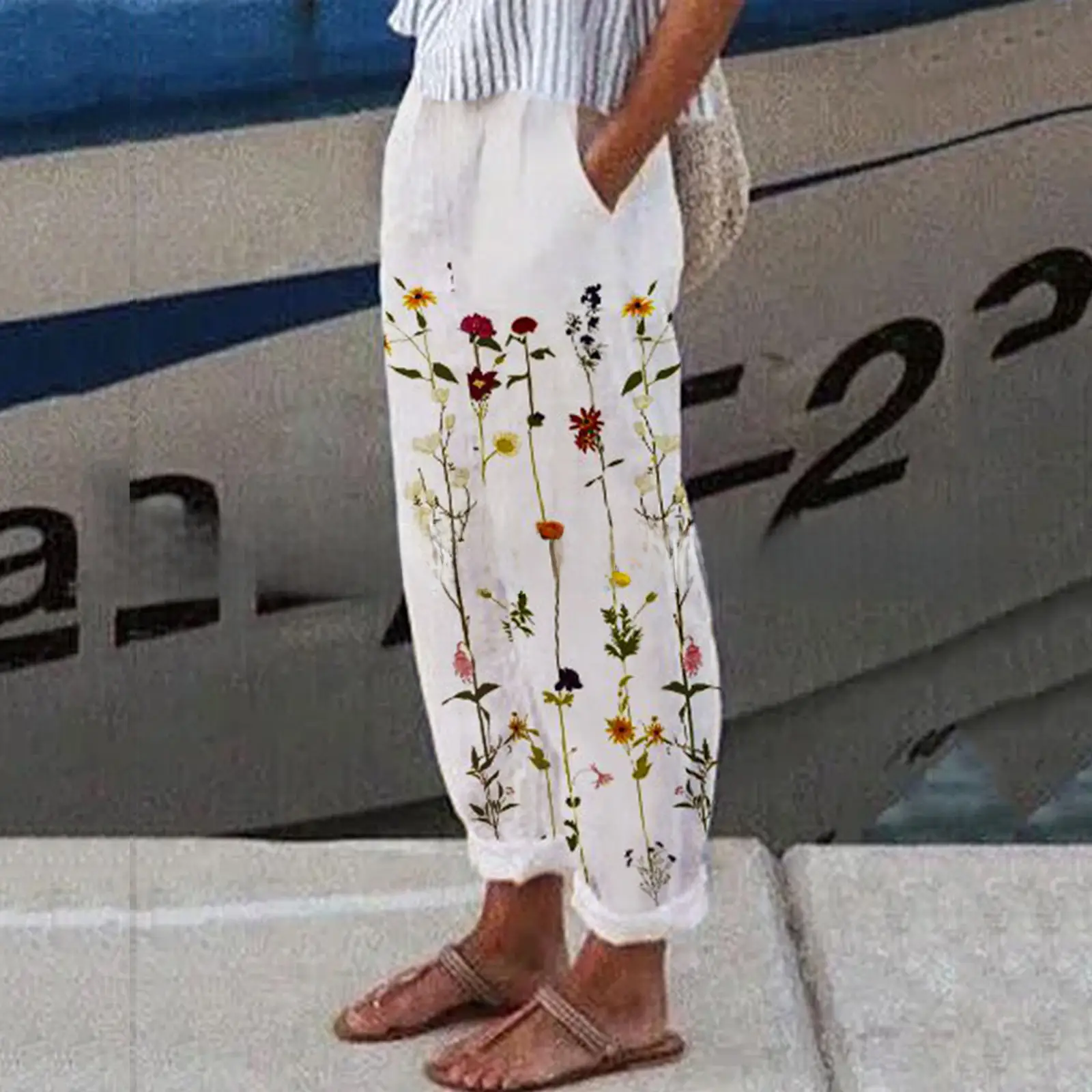 White Retro Printed Wide Leg Pants for Women Summer - Image 143
