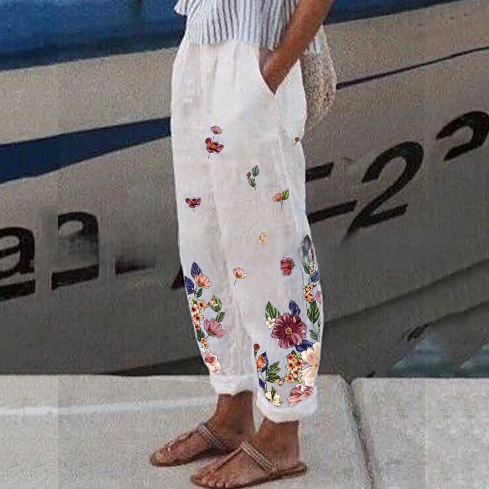 White Retro Printed Wide Leg Pants for Women Summer - Image 147