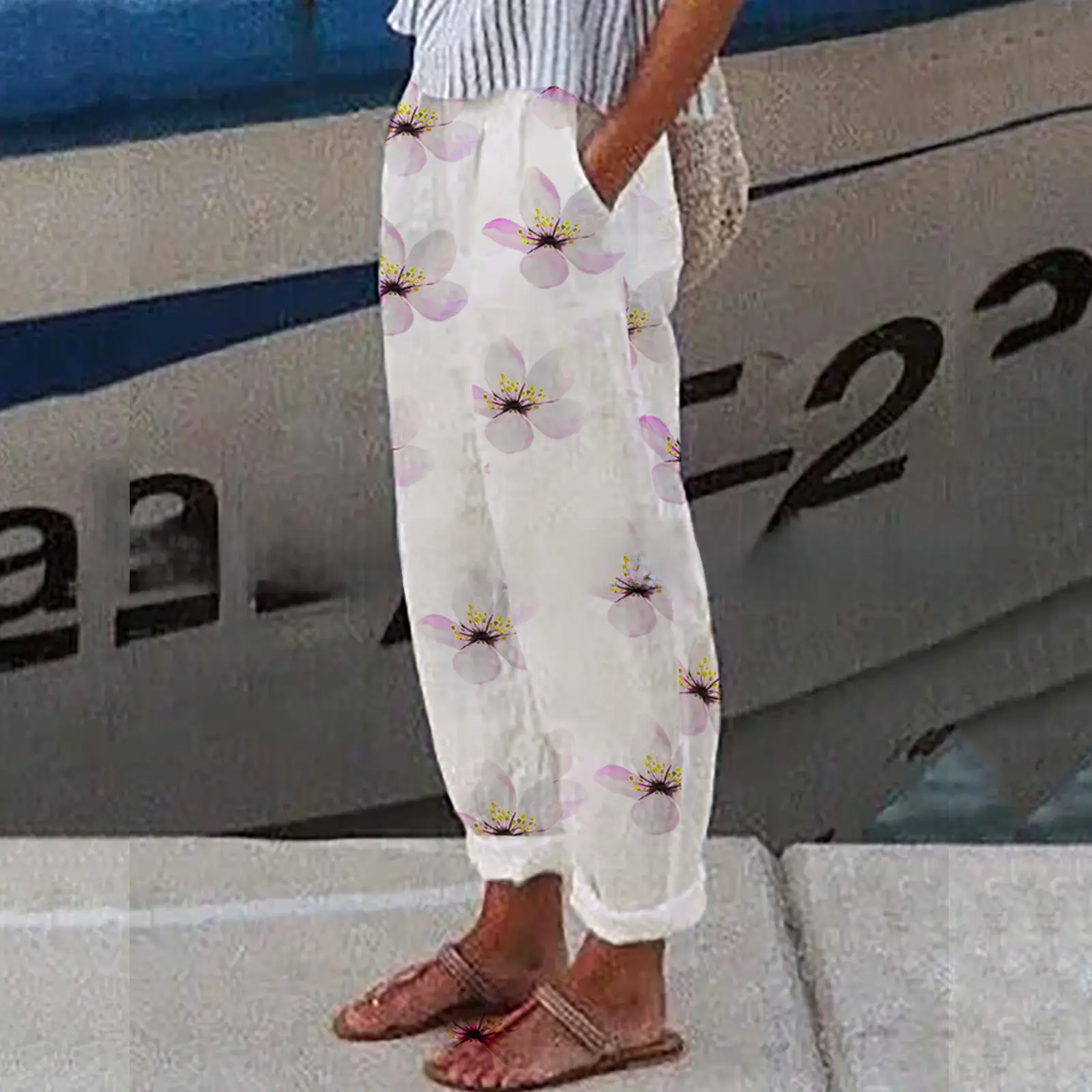 White Retro Printed Wide Leg Pants for Women Summer - Image 153
