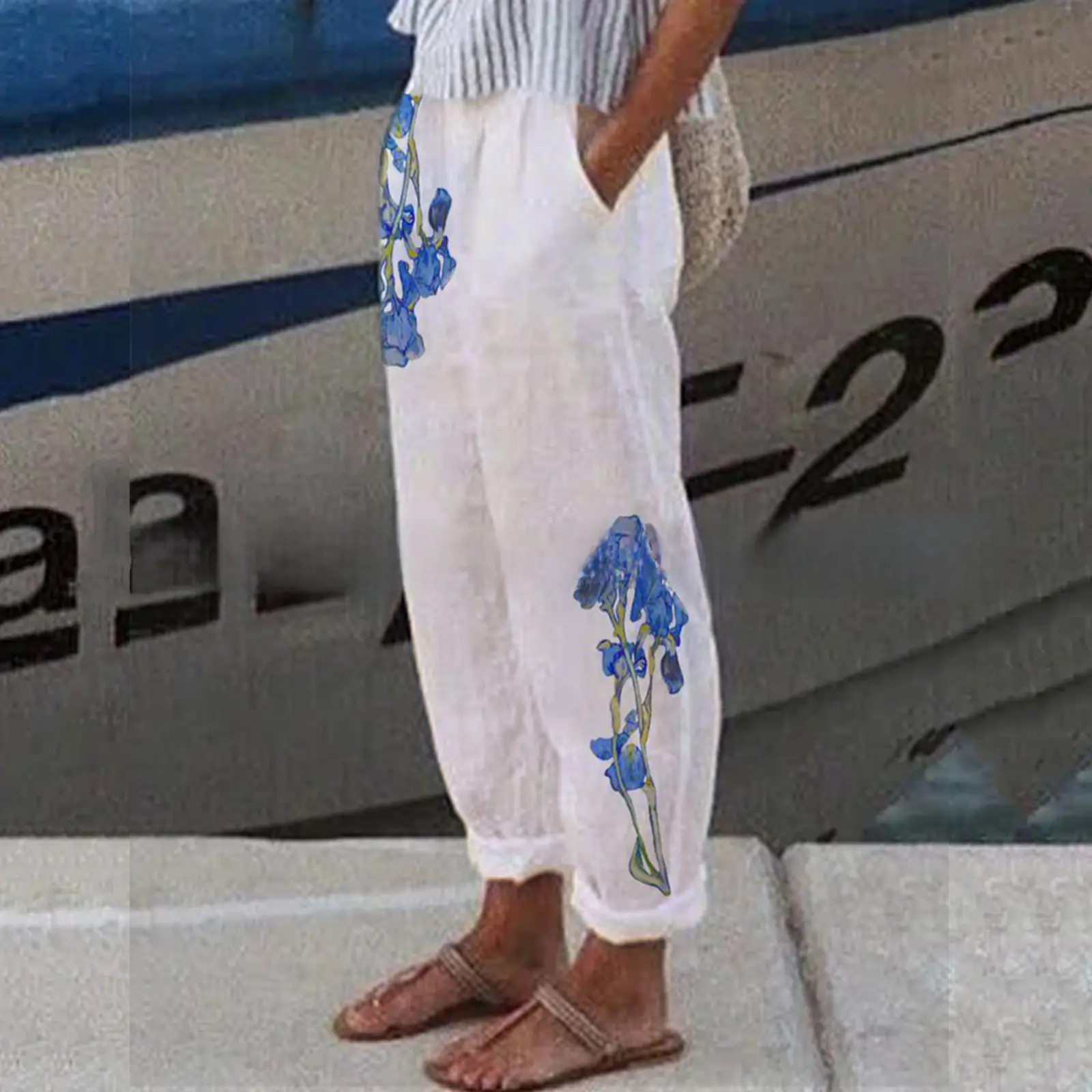 White Retro Printed Wide Leg Pants for Women Summer - Image 165