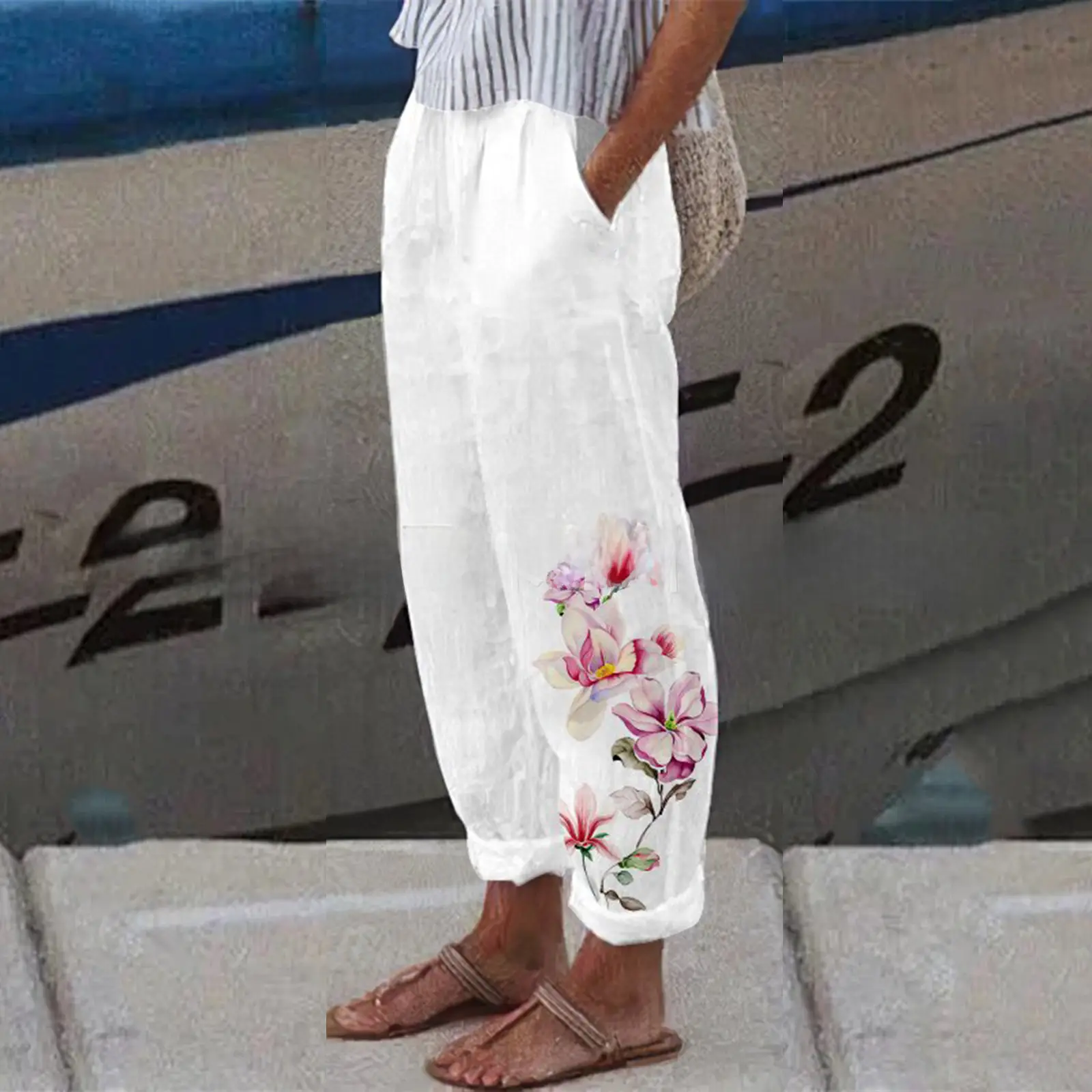 White Retro Printed Wide Leg Pants for Women Summer - Image 26