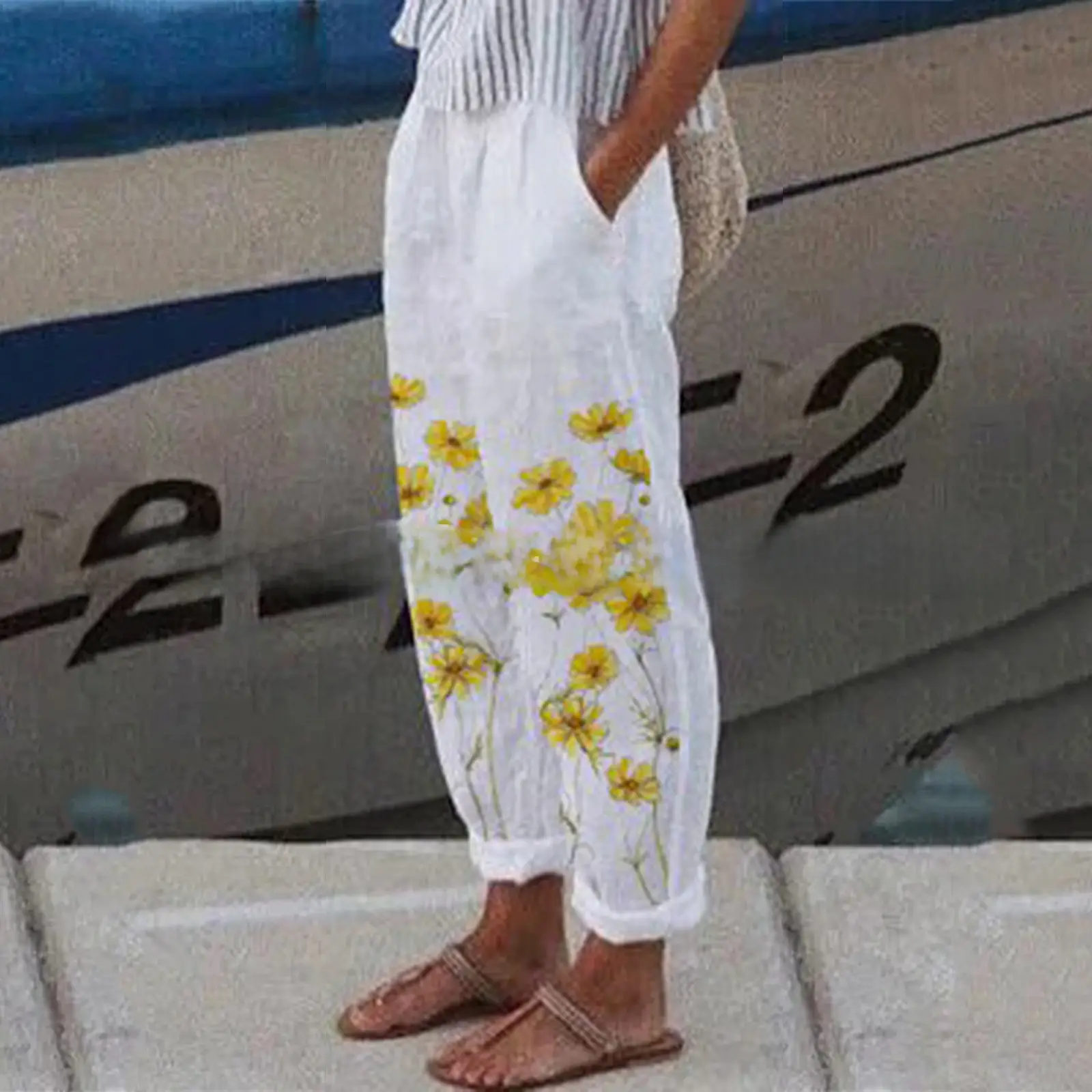 White Retro Printed Wide Leg Pants for Women Summer - Image 35